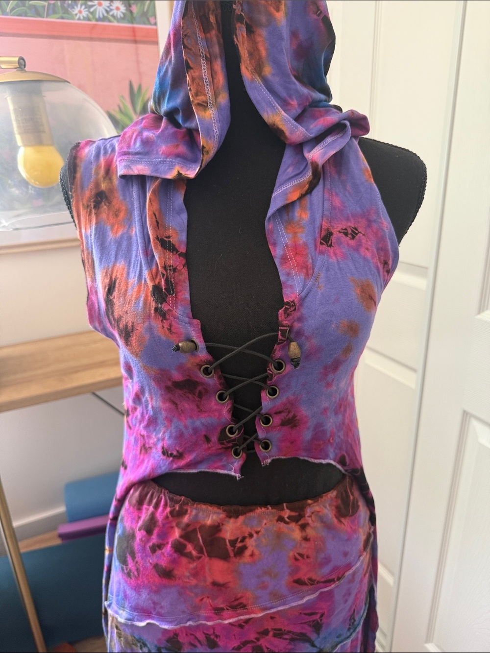 Boho Tie-Dye Purple Hooded Skirt Set with Lace-Up Bodice - Picture 3 of 4